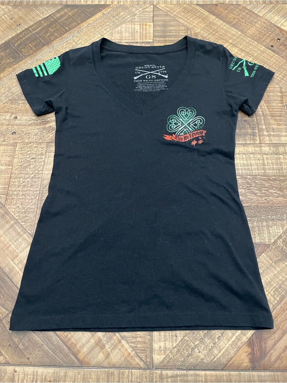 Grunt Style "This We'll Defend" Irish Colors Women's V-Neck T-Shirt